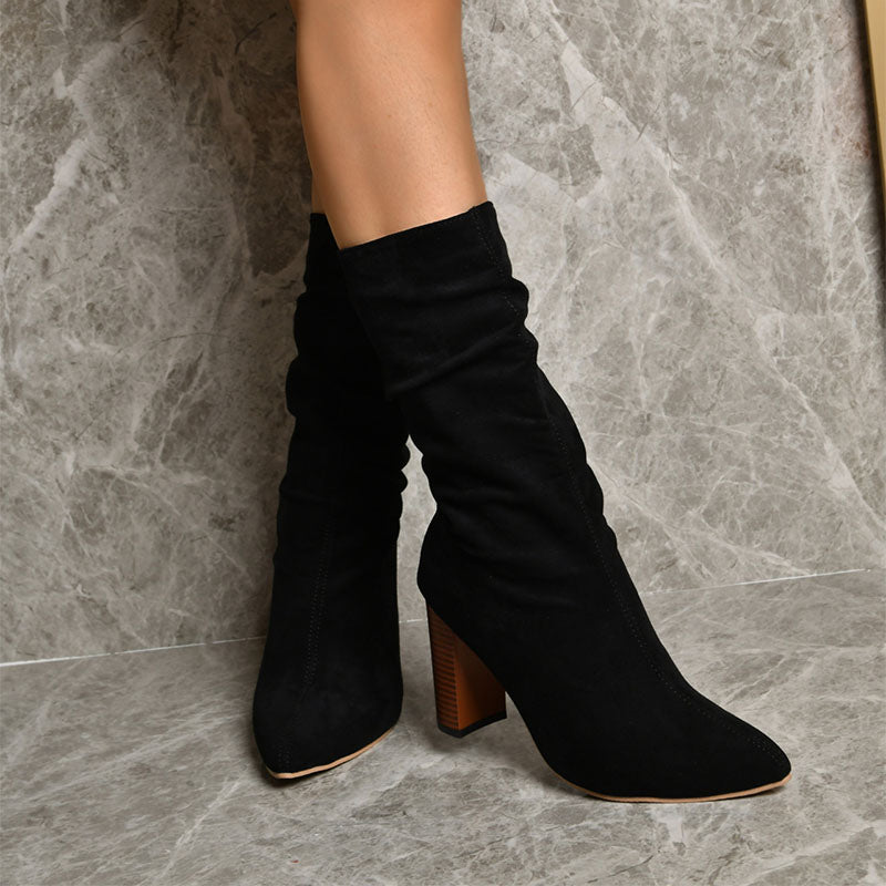 Pointed Toe High Block Heels Boots Woman Mid-calf Suede Long Boots New Fashion Trendy Solid Shoes