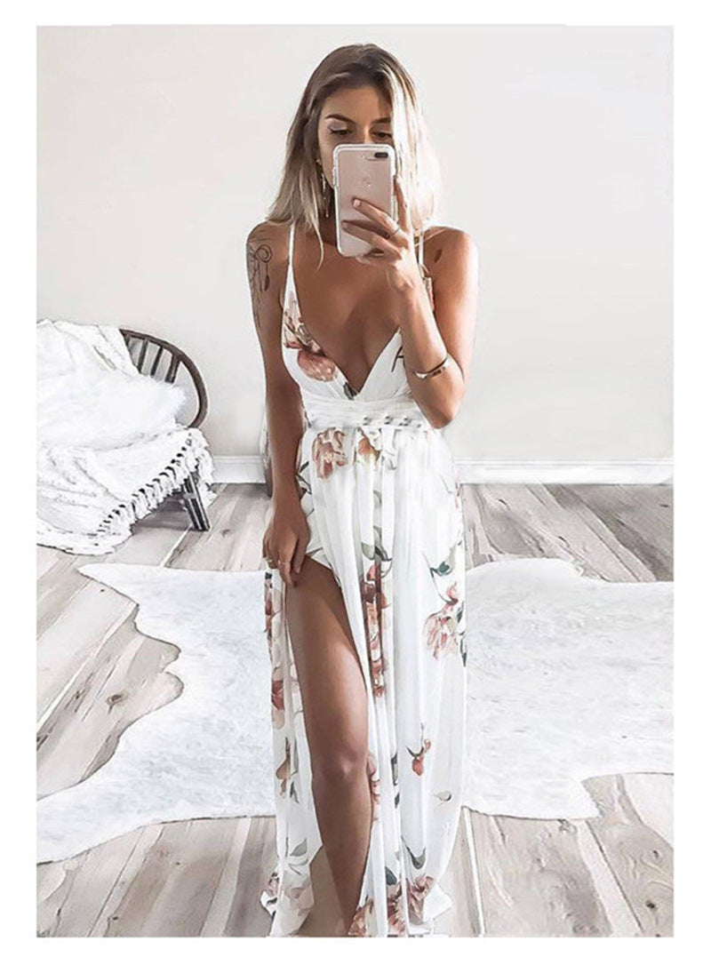 Open Back V-neck Printed Strappy Dress