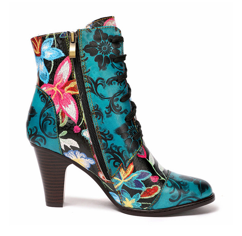 Beautiful Women Boots Fashion Ethnic Leather Handmade Retro Floral Shoes High-Heeled Boots