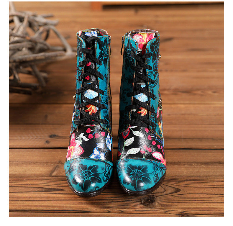 Beautiful Women Boots Fashion Ethnic Leather Handmade Retro Floral Shoes High-Heeled Boots