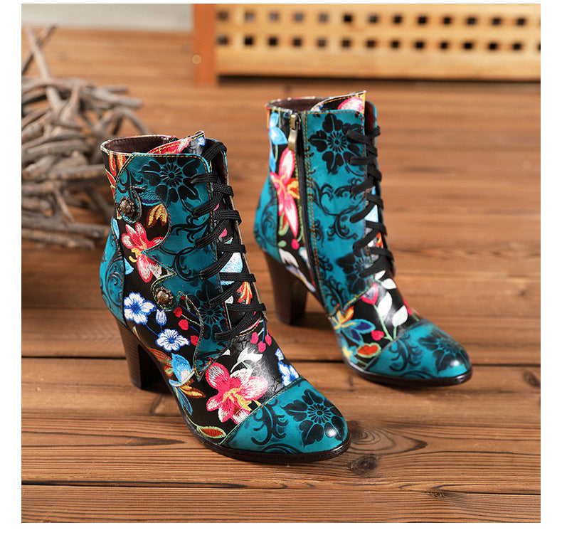Beautiful Women Boots Fashion Ethnic Leather Handmade Retro Floral Shoes High-Heeled Boots