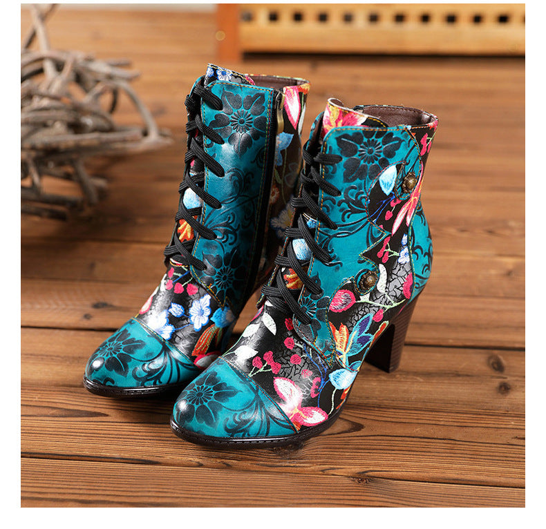 Beautiful Women Boots Fashion Ethnic Leather Handmade Retro Floral Shoes High-Heeled Boots