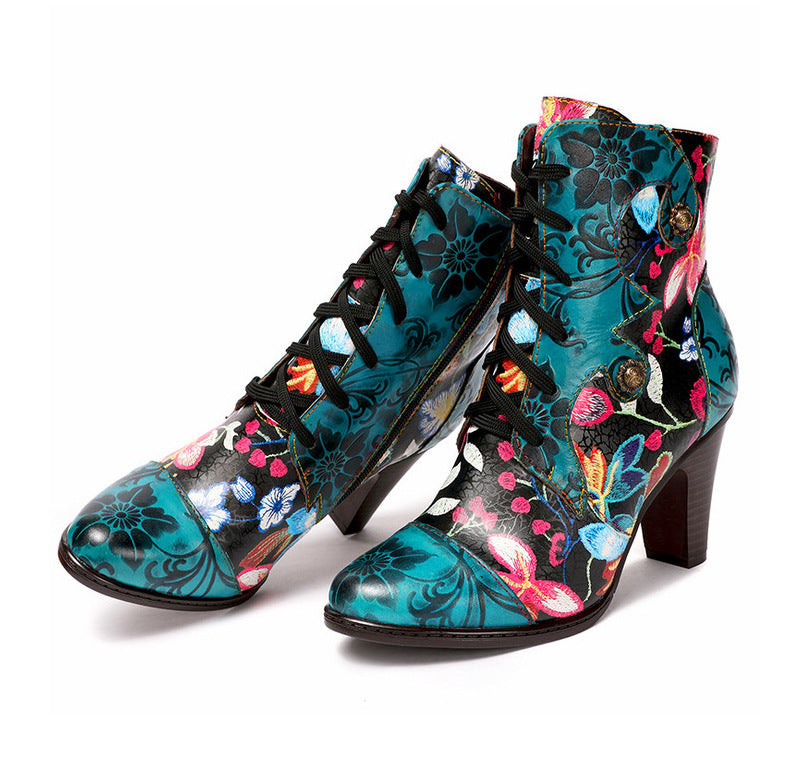 Beautiful Women Boots Fashion Ethnic Leather Handmade Retro Floral Shoes High-Heeled Boots