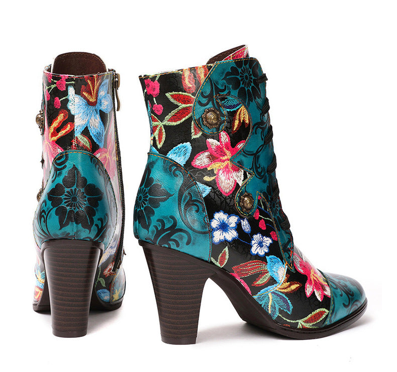 Beautiful Women Boots Fashion Ethnic Leather Handmade Retro Floral Shoes High-Heeled Boots