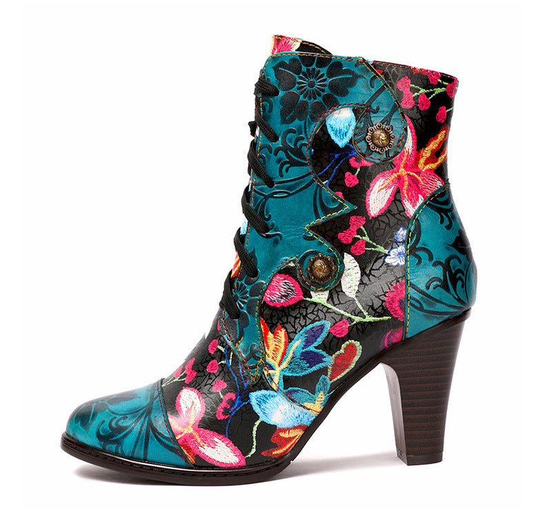 Beautiful Women Boots Fashion Ethnic Leather Handmade Retro Floral Shoes High-Heeled Boots