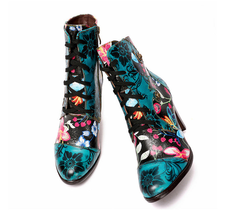 Beautiful Women Boots Fashion Ethnic Leather Handmade Retro Floral Shoes High-Heeled Boots