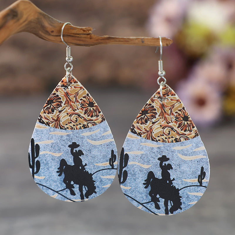 Western Style Horse Riding Denim Color Matching Double-sided Leather Earrings