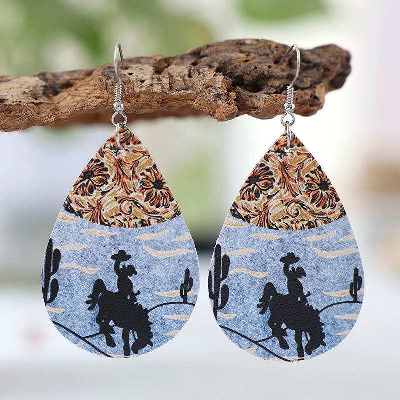 Western Style Horse Riding Denim Color Matching Double-sided Leather Earrings
