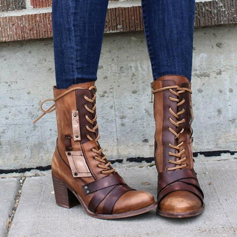 Retro Shoes Lace-up Western Boots Chunky Mid Heel Boots