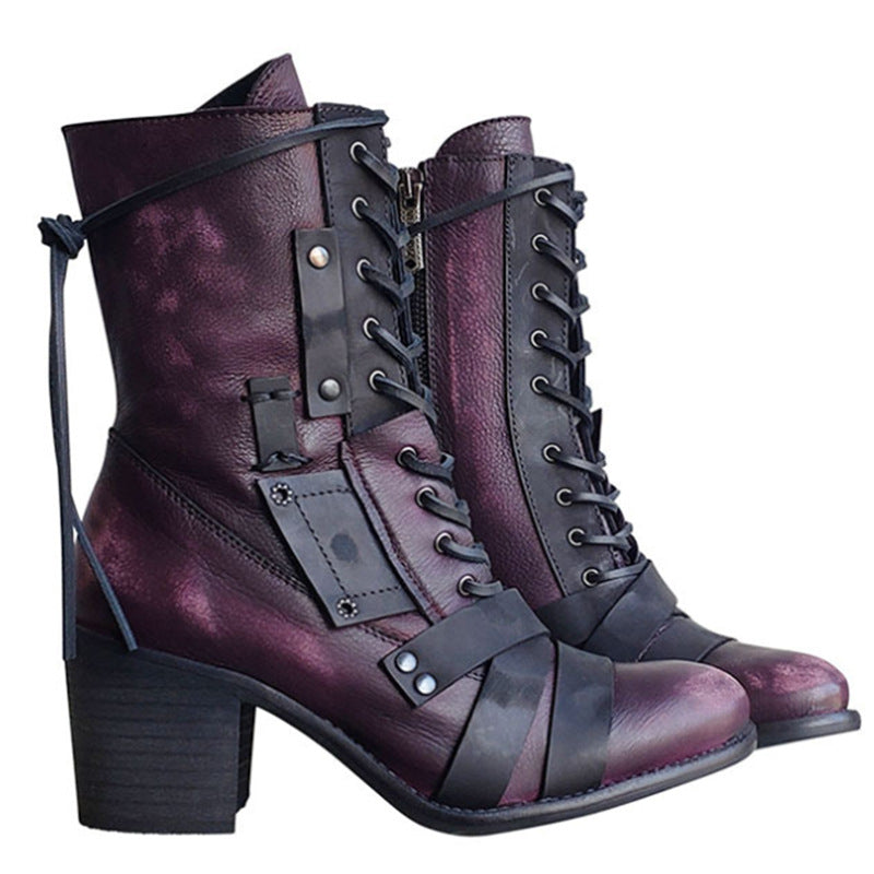 Retro Shoes Lace-up Western Boots Chunky Mid Heel Boots