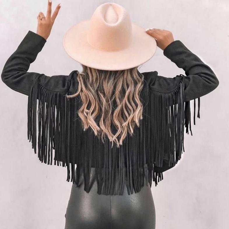 Women's Faux Suede Leather Fringe Jacket Short Open Front Tassel Coat