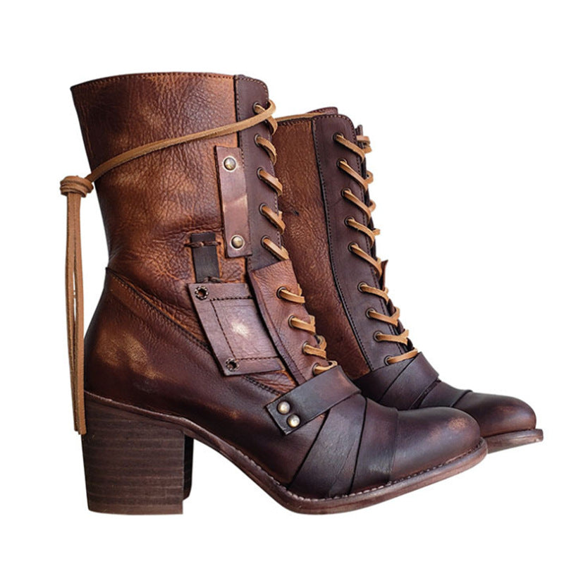 Retro Shoes Lace-up Western Boots Chunky Mid Heel Boots