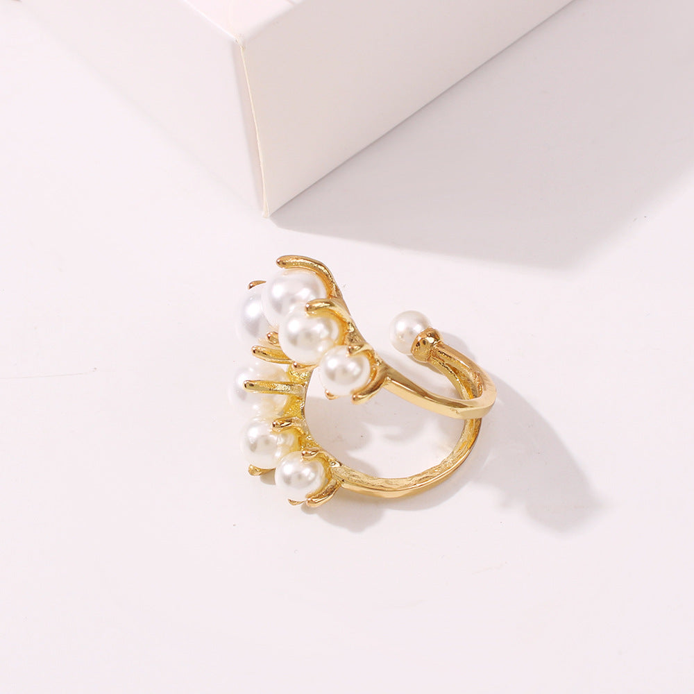 Fashion Big Geometric Pearl Paved Rings For Women New Jewelry Personality Statement Adjustable Ring