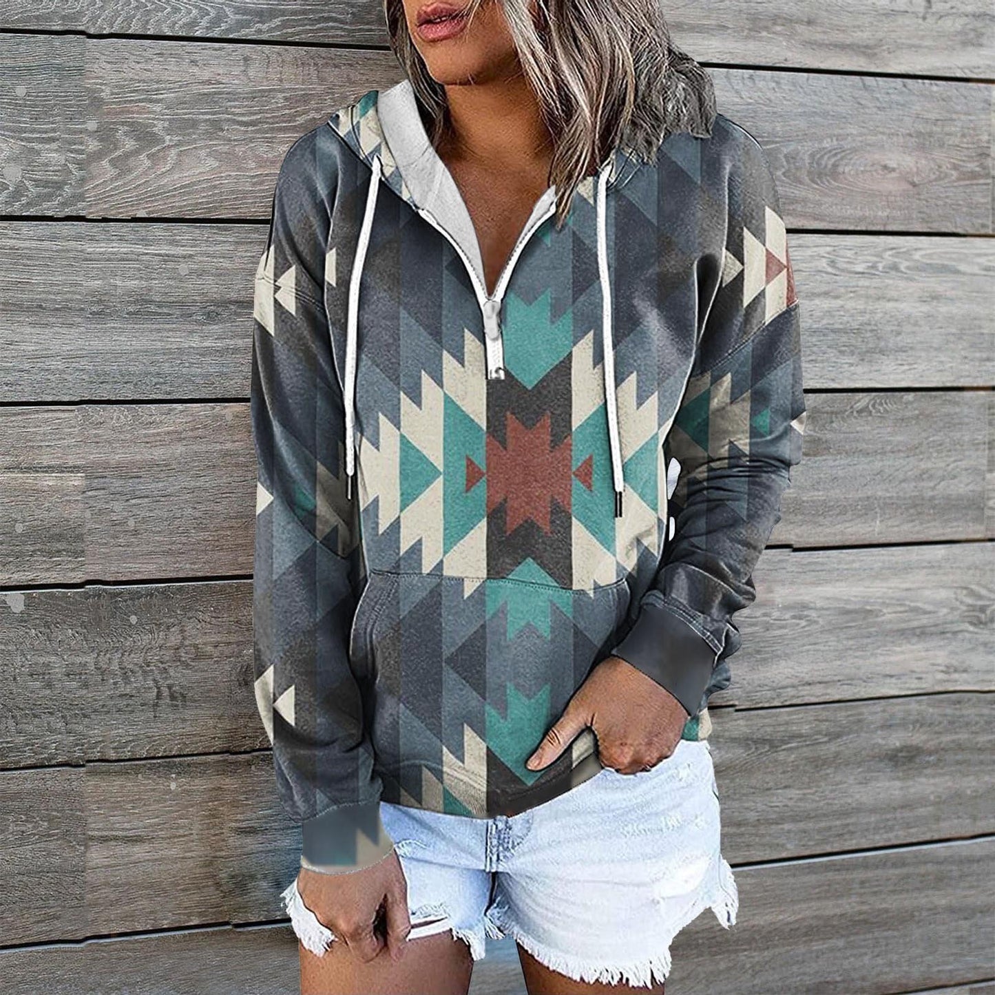 European And American Women's Zip Pocket Print Casual Hoodie