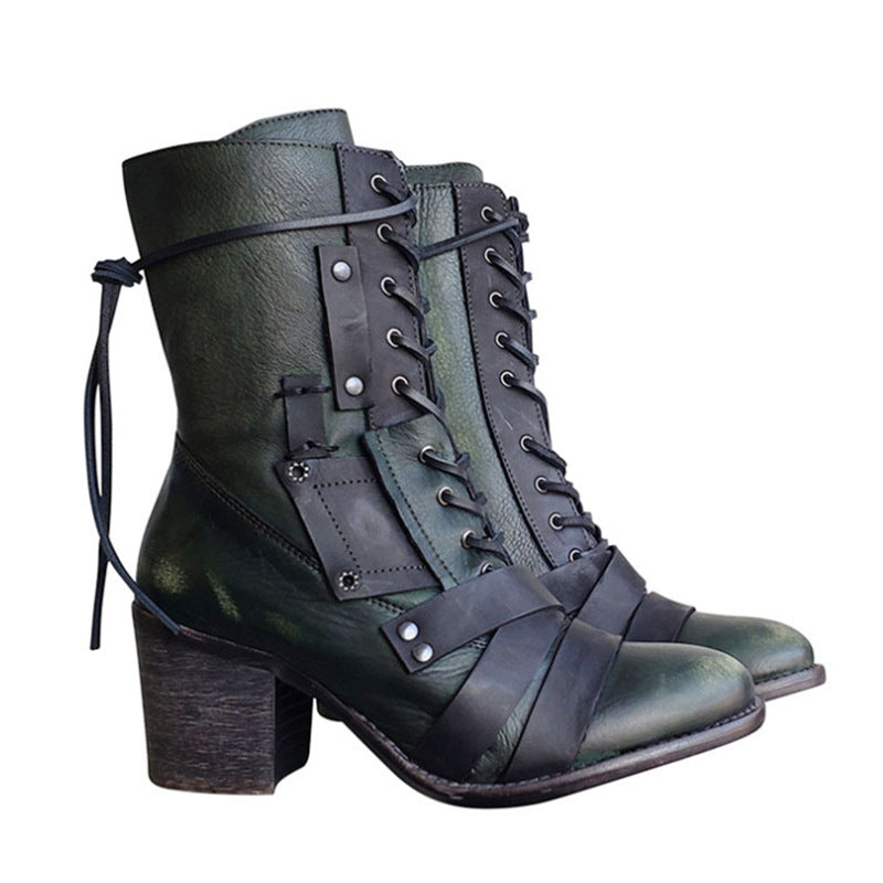 Retro Shoes Lace-up Western Boots Chunky Mid Heel Boots