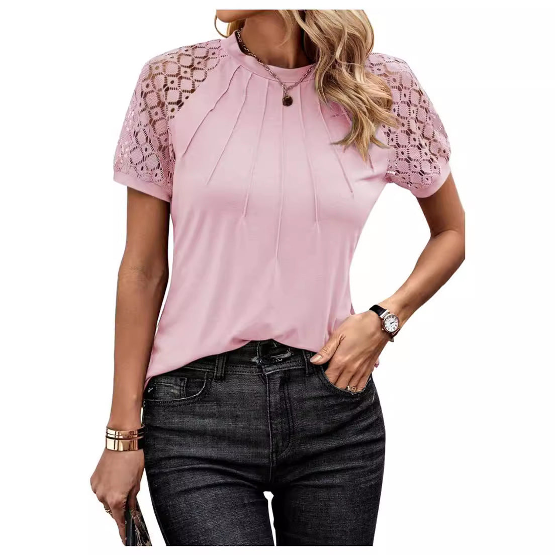 T-shirt Round Neck Lace Lace Stitching Coat Women