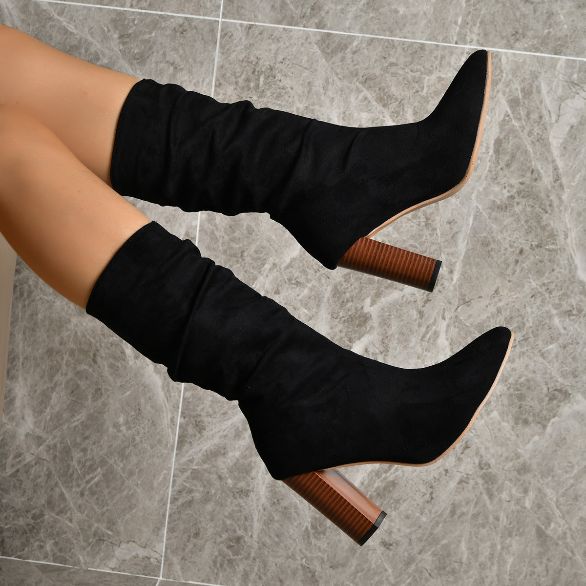 Pointed Toe High Block Heels Boots Woman Mid-calf Suede Long Boots New Fashion Trendy Solid Shoes