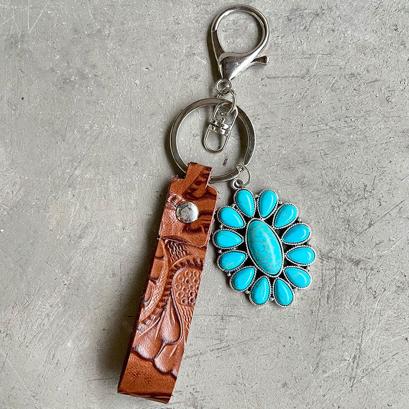 Retro Embossing Cowhide Western Style Turquoise Pumpkin Flowers Pendant Texture Keychain