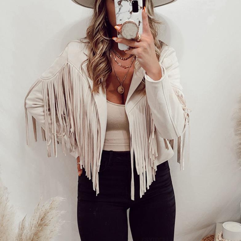 Women's Faux Suede Leather Fringe Jacket Short Open Front Tassel Coat