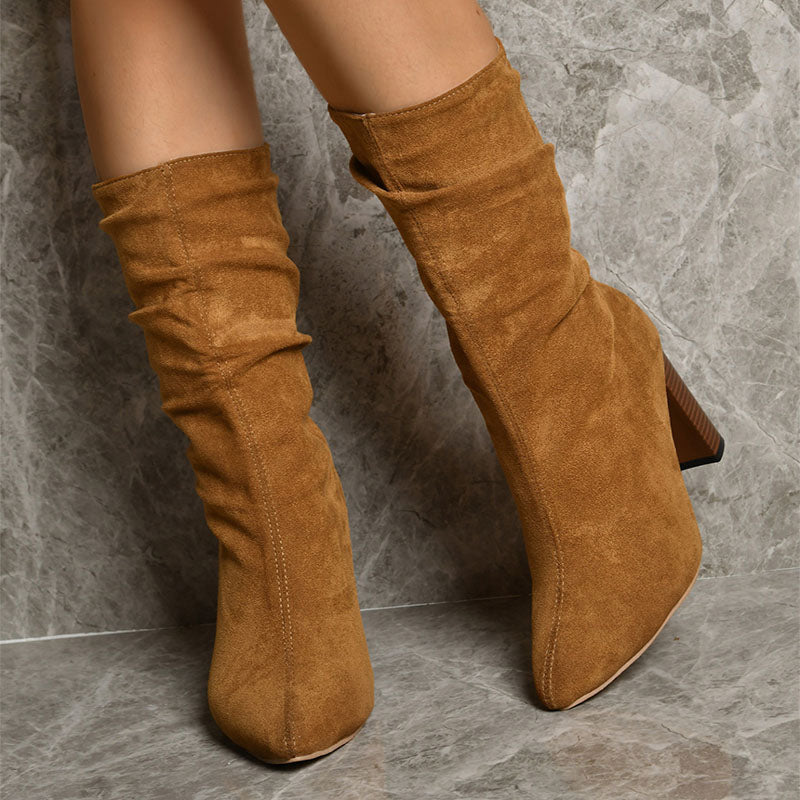 Pointed Toe High Block Heels Boots Woman Mid-calf Suede Long Boots New Fashion Trendy Solid Shoes