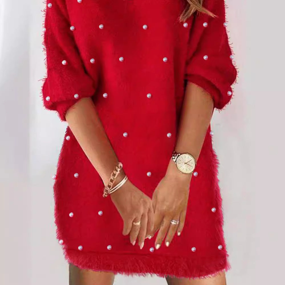 Women's Gorgeous Beads Plain Plush Dress