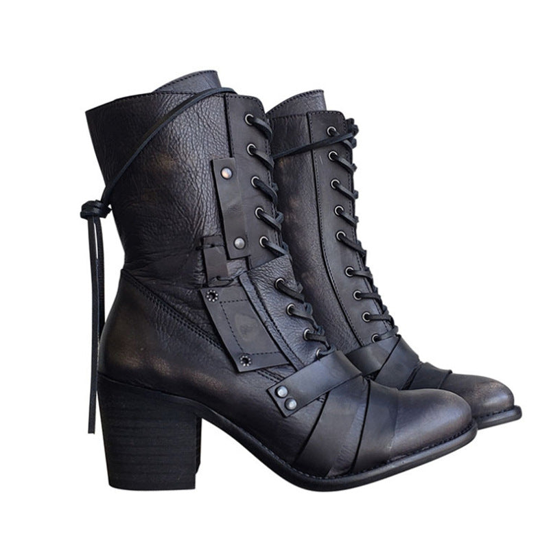 Retro Shoes Lace-up Western Boots Chunky Mid Heel Boots