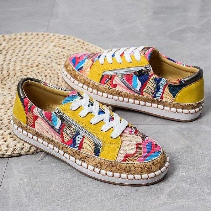 Printed Flats Shoes Casual Side Zip Slip-on Shoes Loafers Women