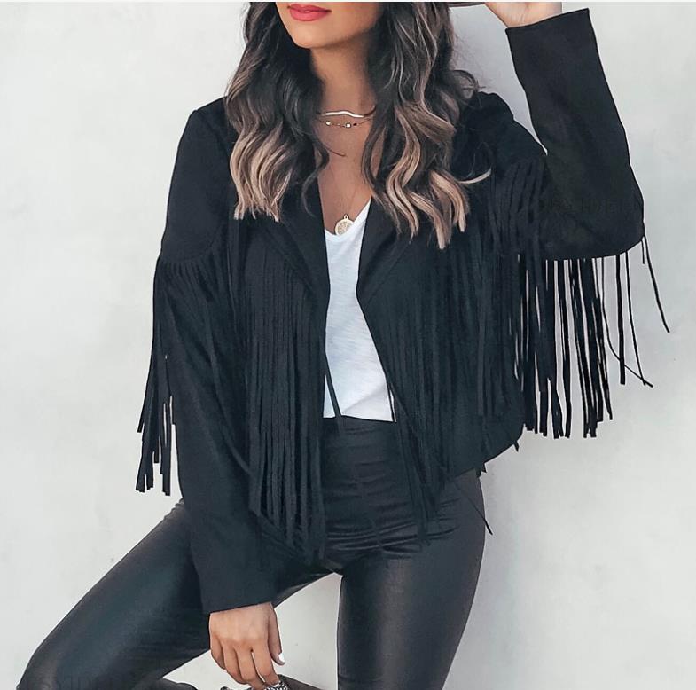Women's Faux Suede Leather Fringe Jacket Short Open Front Tassel Coat