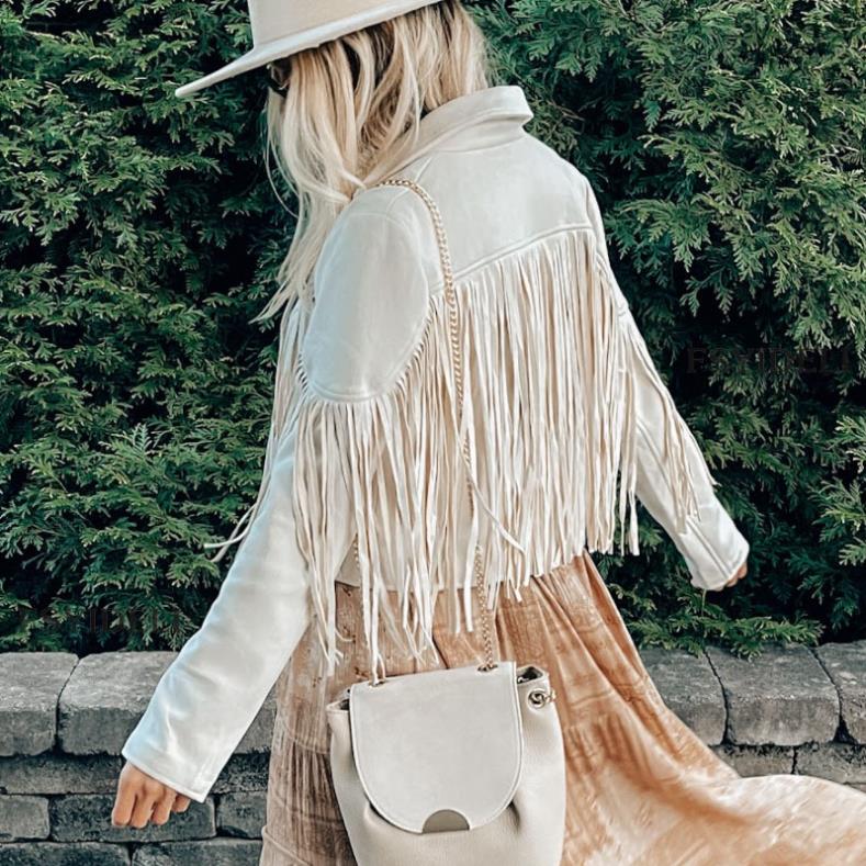 Women's Faux Suede Leather Fringe Jacket Short Open Front Tassel Coat