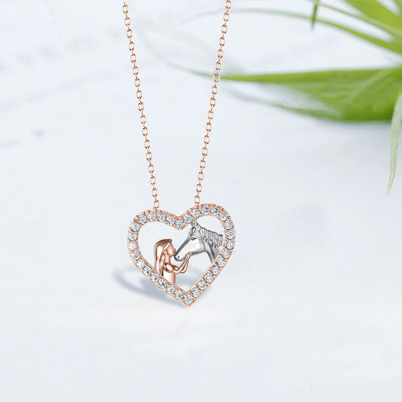 Fashion Heart-shaped Full Diamond Girl And Horse Necklace Fashion Color Separation Pendant